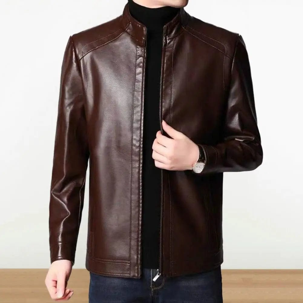 Men Faux Leather Jacket Men's Faux Leather Motorcycle Jacket with Stand Collar Thick Warm Lining Windproof Design for Autumn
