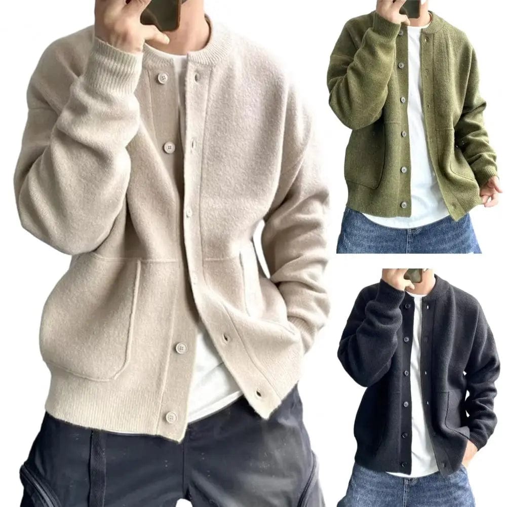 Men Fall Winter Sweater Coat Round Neck Single-breasted Knit Cardigan Long Sleeve Knitted Thick Warm Men Cardigan Sweater