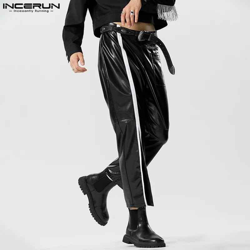 American Style New Men's Pants Fashion V-shaped Waistband Split Leather Trousers Casual Streetwear Pantalons S-5XL INCERUN 2024