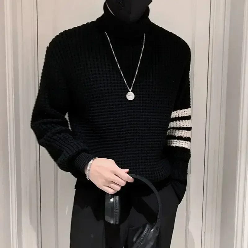 Men's Clothing Turtleneck Black Knit Sweater Male High Collar Smooth Striped Pullovers Pull Oversize Best Selling Products 2023