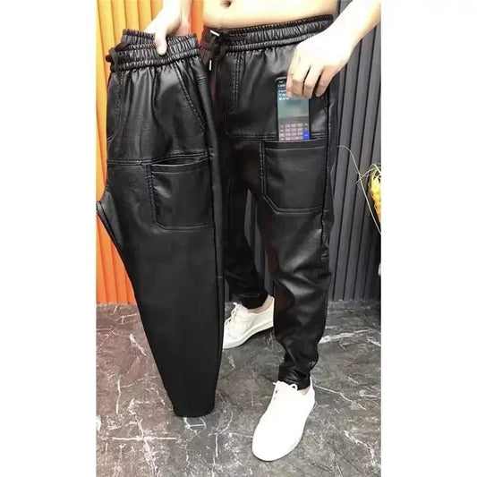 Men's Pu Leather Pants Baggy Street Clothes Slim-fitting Black Motorcycle Pants Windproof Men's Wear