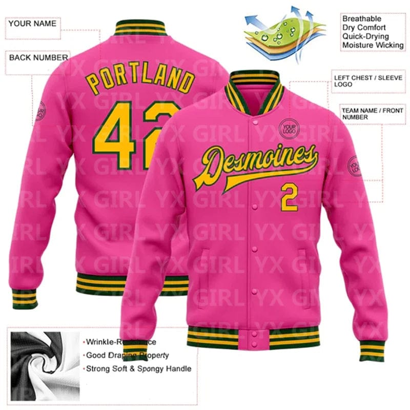 Custom Pink Gold-Green Bomber Full-Snap Varsity Letterman Jacket 3D Printed Baseball Button Jacket
