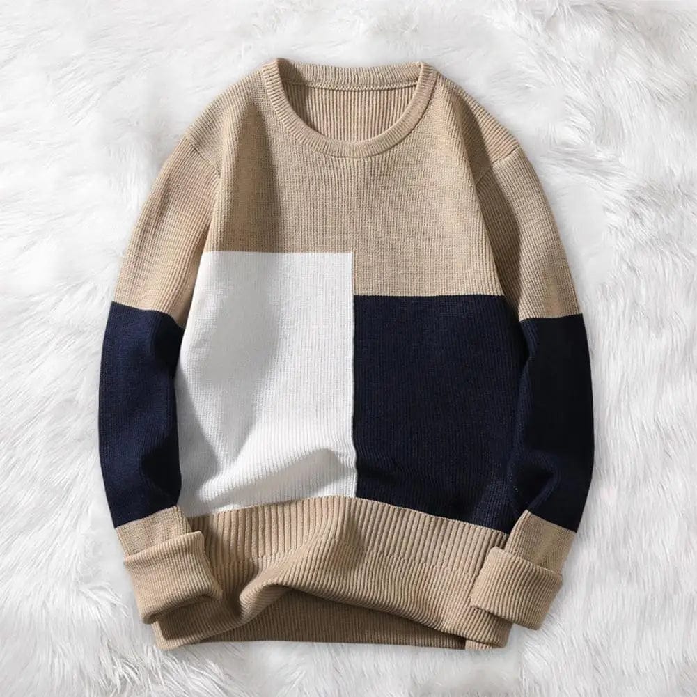 Men Fall Winter Sweater Thick Knitted Colorblock Men Sweater Long Sleeve Patchwork Round Neck Loose Elastic Loose Warm Sweater