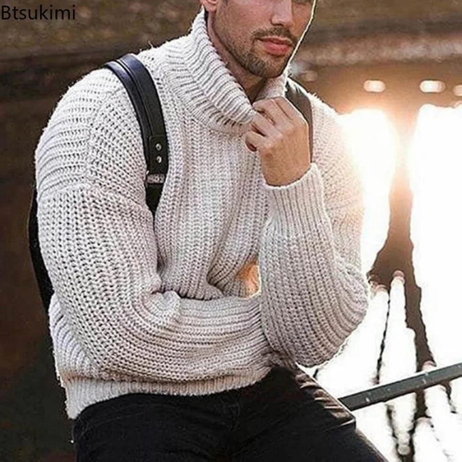 New Autumn Winter Men's Sweater Solid Knitted Turtleneck High Collar Solid Loose Men Knitted Sweater for Daily Wear Men Clothing