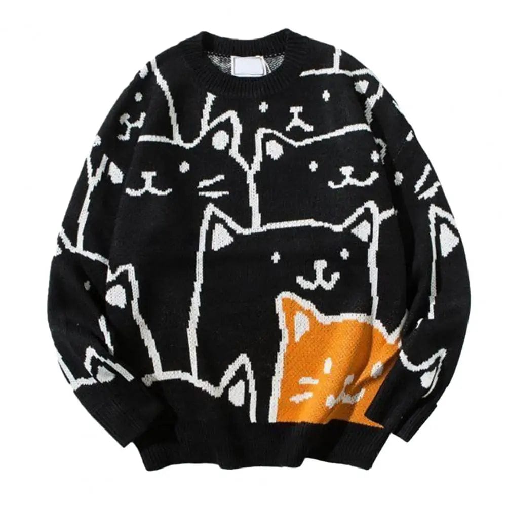 Cartoon Cat Knitted Sweater Japanese Retro Harajuku Pullover Men Tops Knitwear For Winter Autumn
