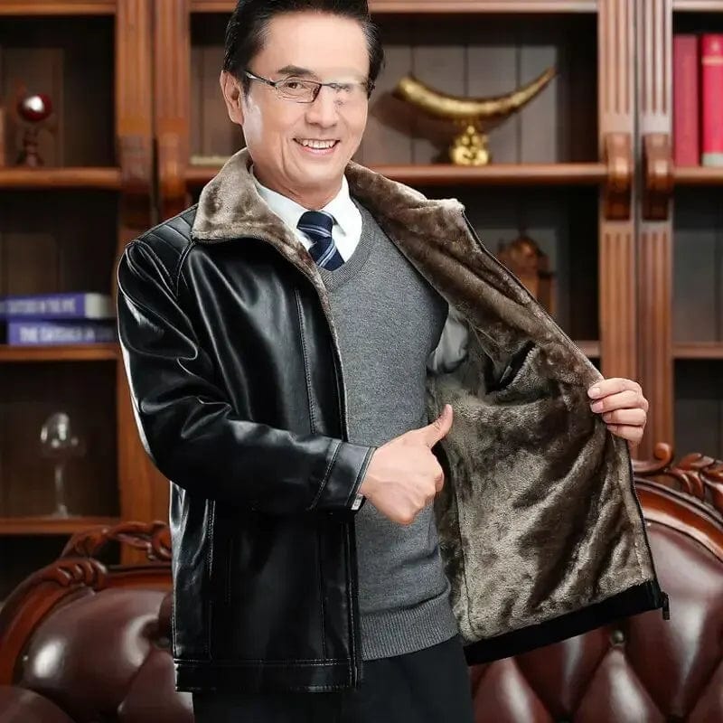 Fall/winter Fleece-lined Thickened Genuine Leather Jacket For Middle-aged Elderly Men Large Collar