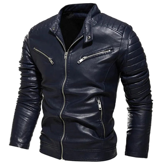 Winter Black PU Leather Jacket Men Fleece Warm Motorcycle Jackets Slim Street Fashion BLack Biker Coat Pleated Design Zipper