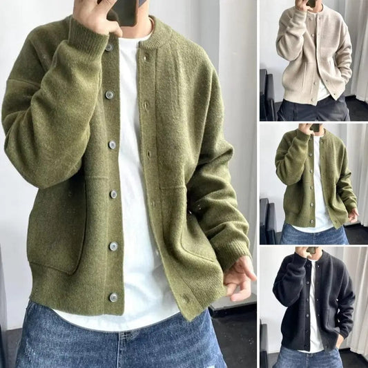 Men Fall Winter Sweater Coat Round Neck Single-breasted Knit Cardigan Long Sleeve Knitted Thick Warm Men Cardigan Sweater