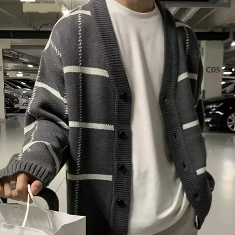 Autumn Winter Sweater Cardigan Men V-neck Long Sleeve Plaid Print Knitwear Cardigan Single Breasted Loose Fit Sweater Coat