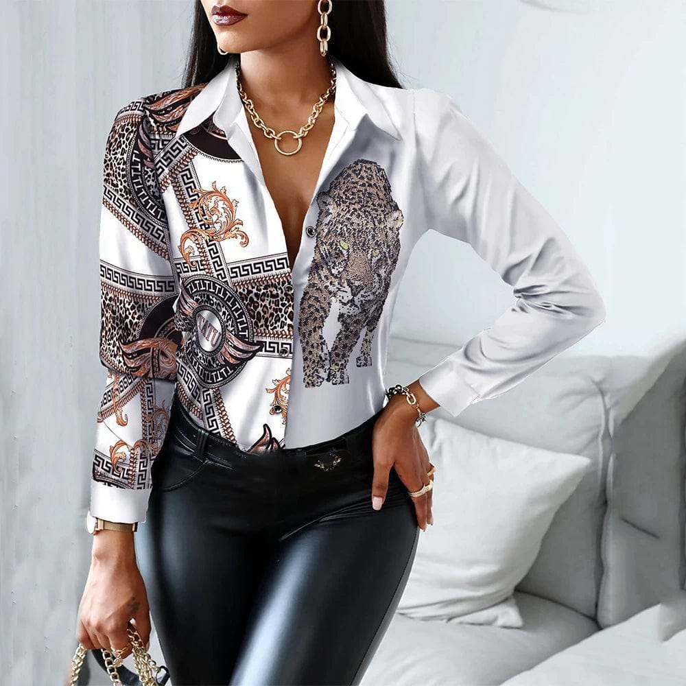 Blouses Woman Casual Office Print Shirts Autumn Fashion Button Long Sleeve White Shirt Elegant Patchwork Slim Tops Women 2022