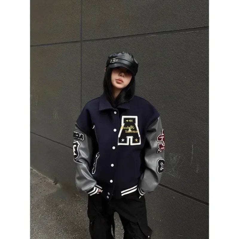 American Letter Embroidery Bomber Jacket Men Women Autumn Winter Leather Sleeves Patchwork Coat Unisex Varsity Baseball Outwear