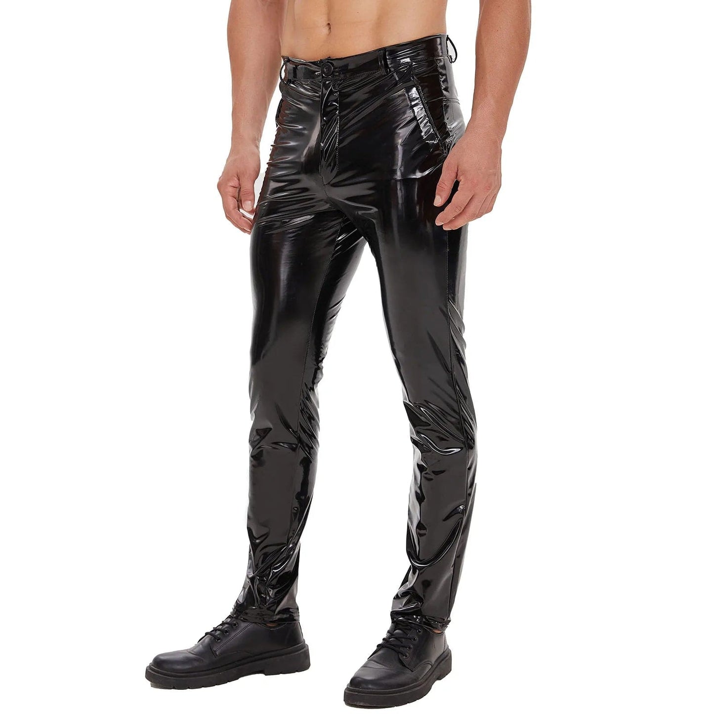 Mens Shiny Leather Straight Pants Sexy Zipper Open Crotch Glossy PVC Leather Casual Trousers Male Shaping Wetlook Latex Leggings
