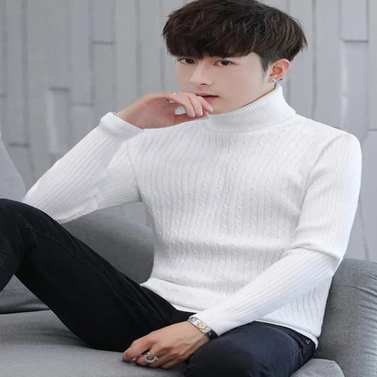 Autumn and Winter New Men's All-match Twist Flower Pullover Turtleneck Casual Sweater Slim Bottoming Shirt Solid Color Warm Tops