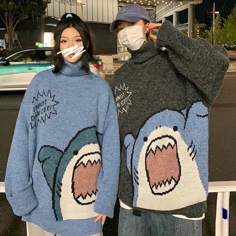 SUSOLA Men Turtlenecks Shark Sweater Men Lady Winter Patchwor Harajuku Korean Style High Neck Oversized Grey Turtleneck For Men