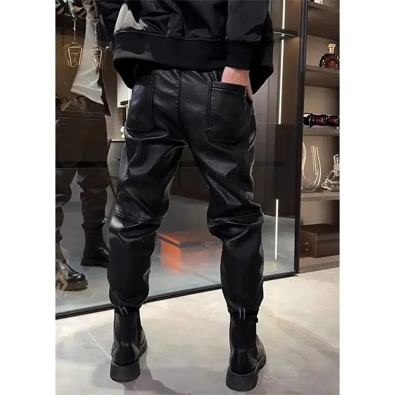 2024 Winter High-end Trend Fleece Thickened Leather Pants Men's Waterproof Casual Pants Six Pocket Biker Rider Small Foot Pants