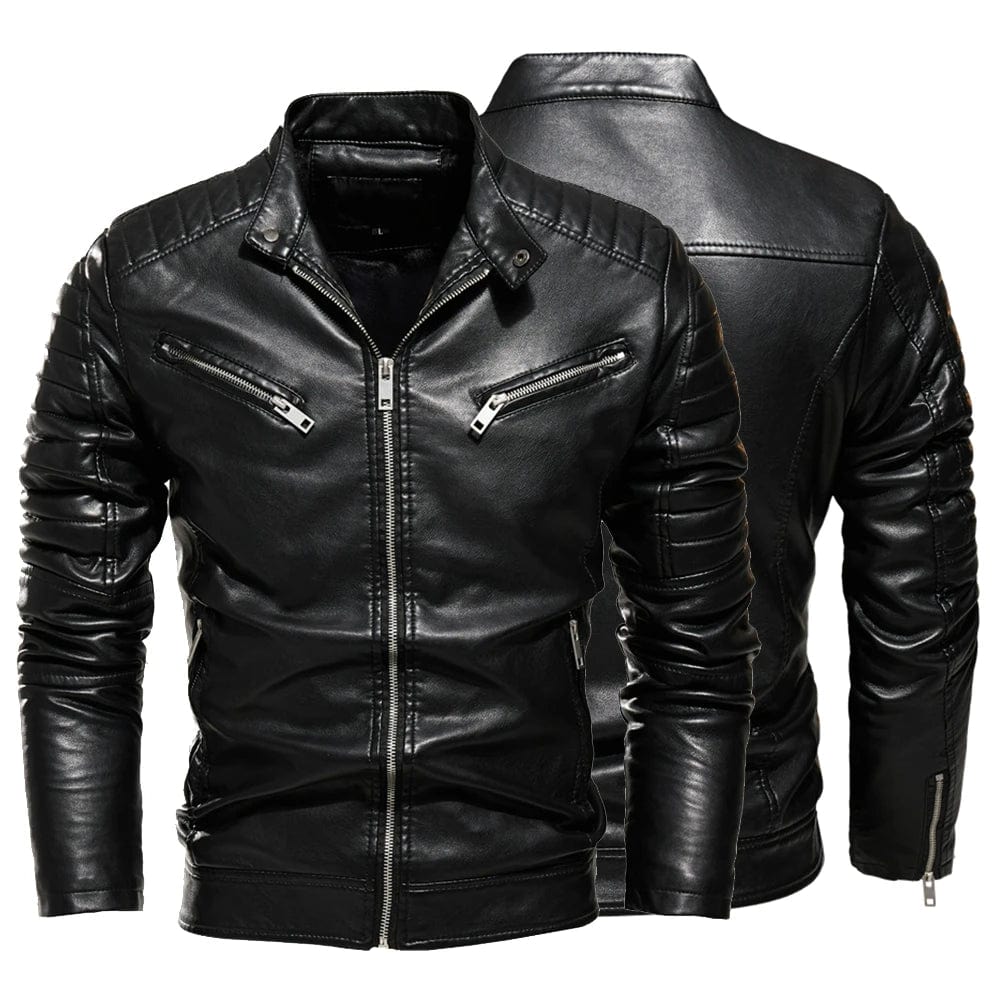 Winter Black PU Leather Jacket Men Fleece Warm Motorcycle Jackets Slim Street Fashion BLack Biker Coat Pleated Design Zipper