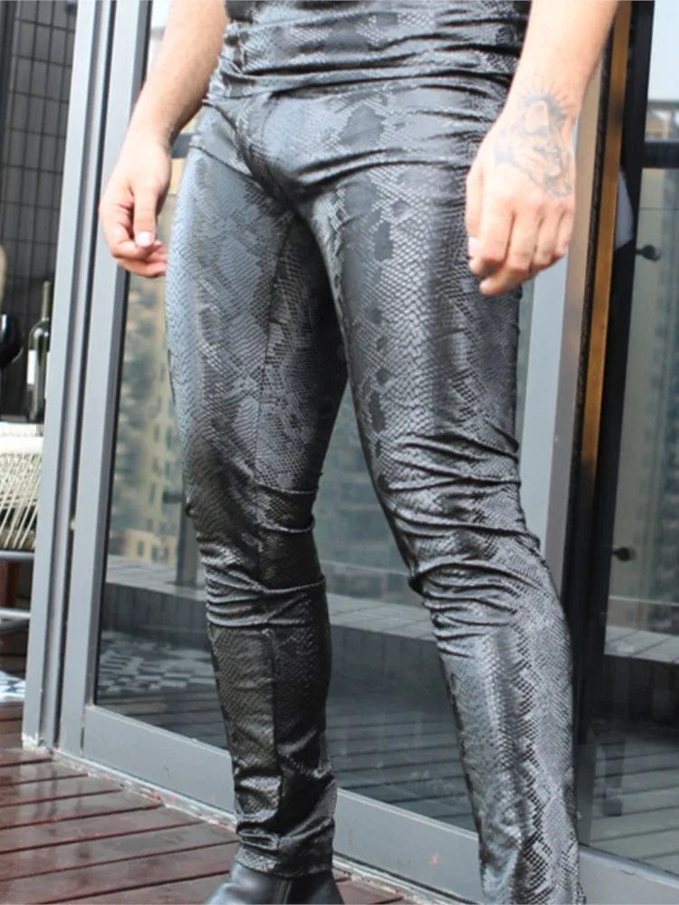 Men's Leather Pants New Snake Pattern Print PU Leather Pants Sexy Tight Trousers Thin Pencil Pants Performance Clothing