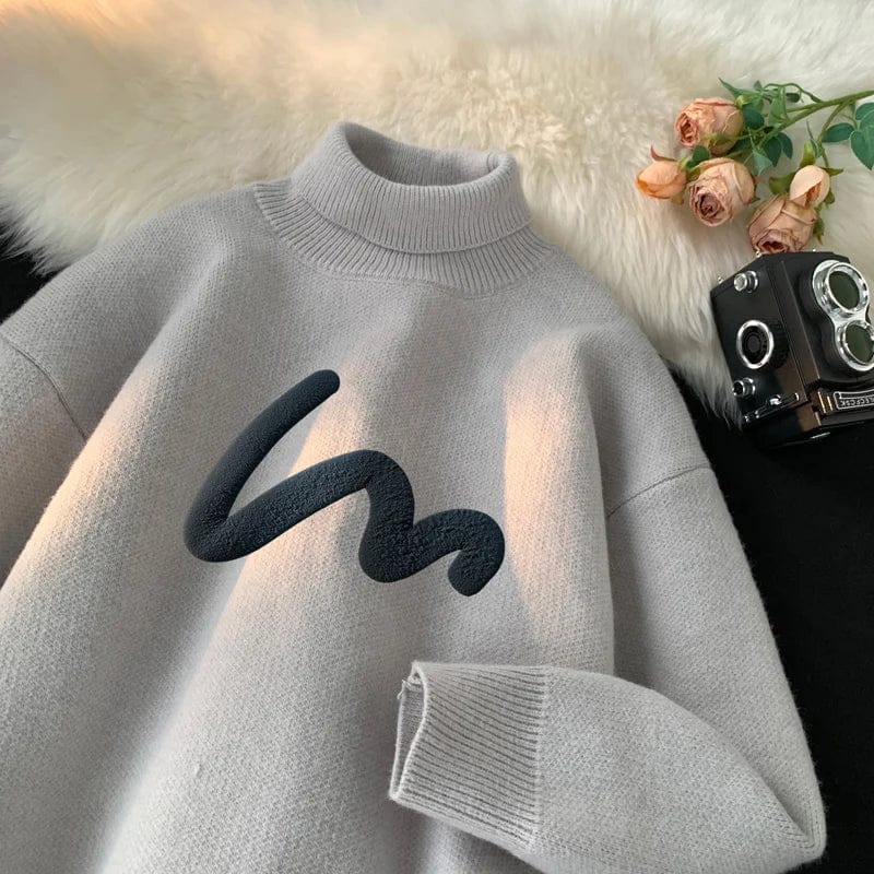 Autumn Winter Warm Turtleneck Sweater Wave Pattern Harajuku Knitted Pullover Unisex Loose Large Size Long Sleeve Knitted Sweater
