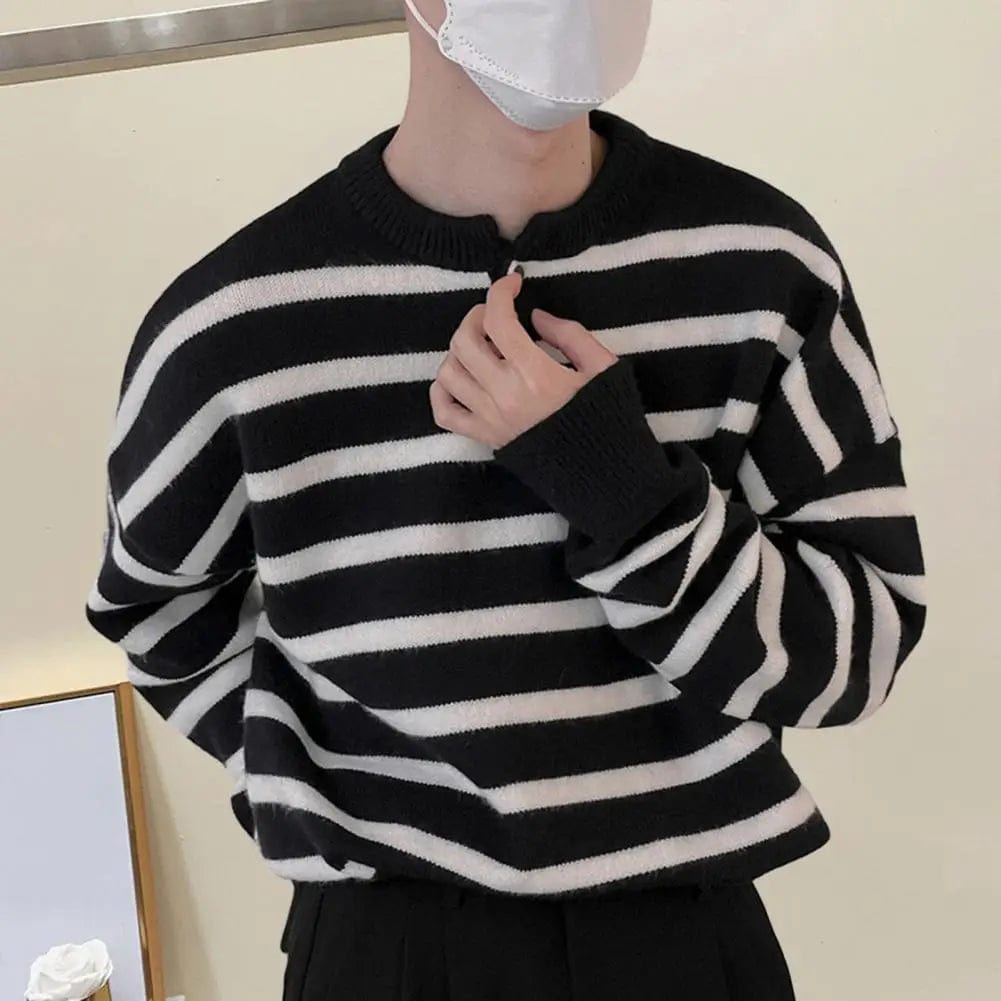 Men Striped Pullover Sweater O-neck Long Sleeve Knit Top Men's Striped Print Knitted Pullover Sweater with O-neckline for Autumn