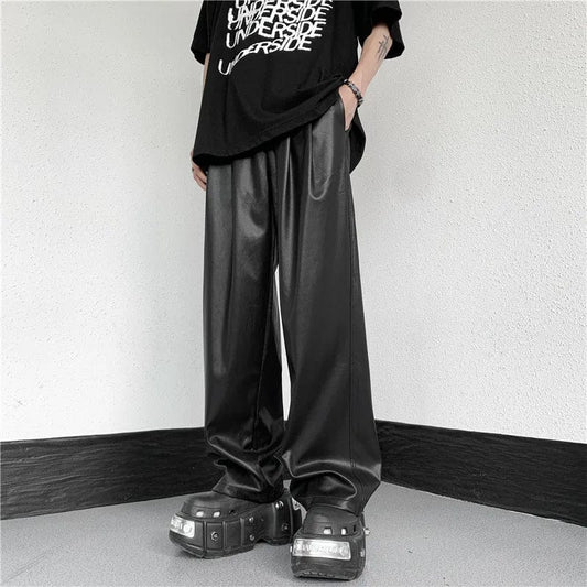 Men's Spring and Autumn Straight Pants Simple Elastic Waist Mop Wide Leg Pu Leather Pants