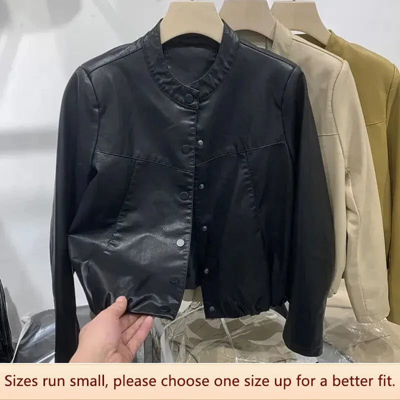 Round Neck Pu Leather Jacket Women's Autumn/winter Design Sensibility Cropped Jacket Washed Leather Hem