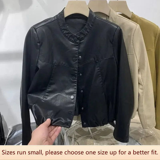 Round Neck Pu Leather Jacket Women's Autumn/winter Design Sensibility Cropped Jacket Washed Leather Hem