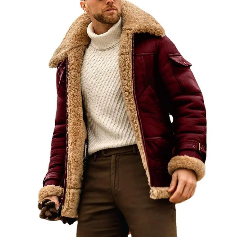 New Fashion Men's Fleece Jacket Turn Down Fur Collar Thick Coats Thicken Warm Leather Outwear Male Winter Streetwear Windbreaker