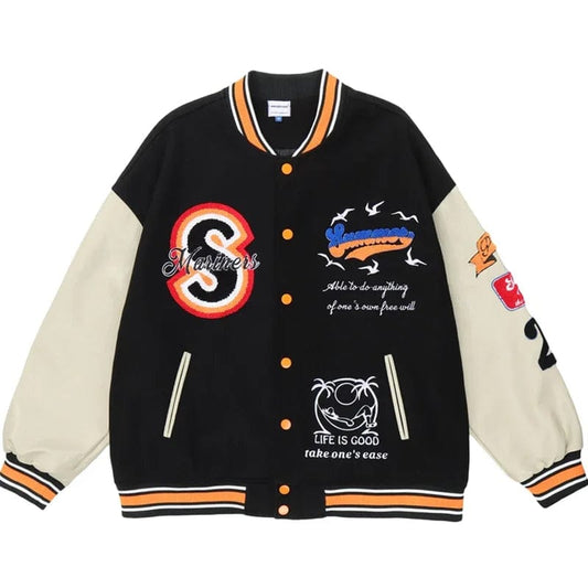 Men Embroidered Varsity Jacket Hip Hop Loose Woman Pu Leather Sleeve Baseball Coats Fall Couple Patch Retro Brown Bomber Jackets