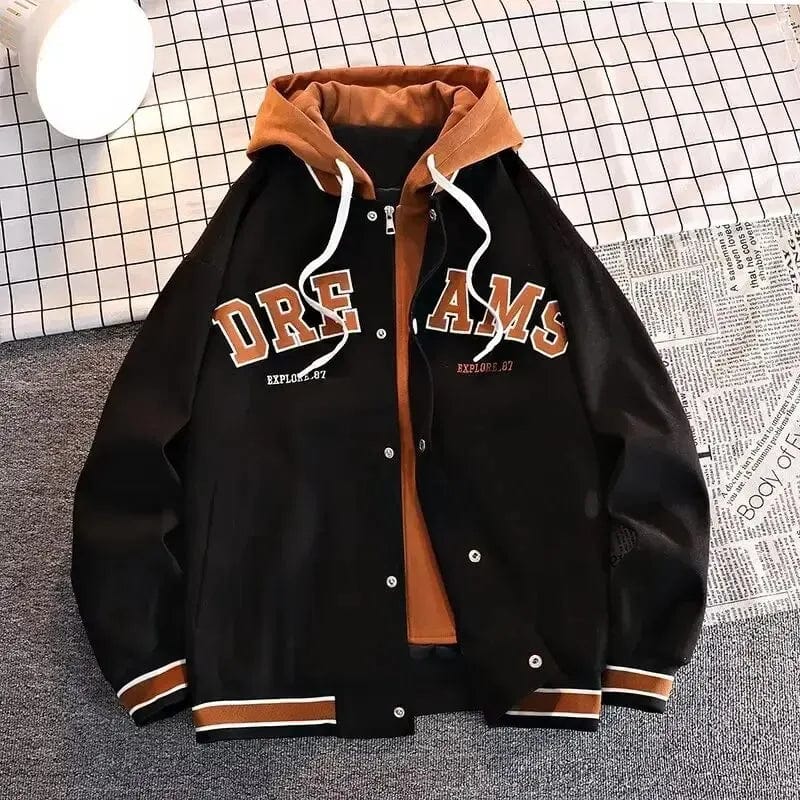 American Vintage Loose-fit Hooded Baseball Jacket For Men Autumn/winter High-end Feel Two-piece Illusion 2023 New Style