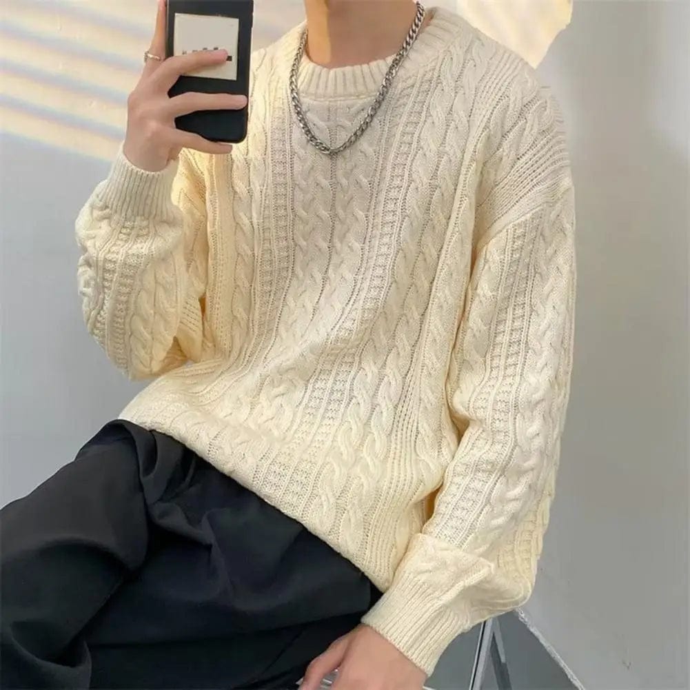 Men Fall Winter Sweater Solid Color Knitted Warm Thick Sweater Loose Anti-shrink Pullover Casual Couple Unisex Sweater
