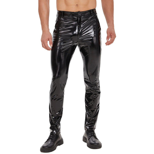 Mens Shiny Leather Straight Pants Sexy Zipper Open Crotch Glossy PVC Leather Casual Trousers Male Shaping Wetlook Latex Leggings