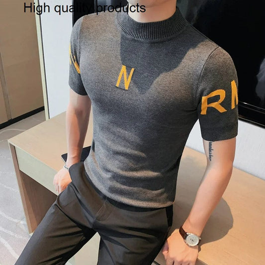 2023 New Style Men Summer High Quality Business Short Sleeves Knitting Sweater/Man Slim Fit Turtleneck Knit Shirt Homme Clothing
