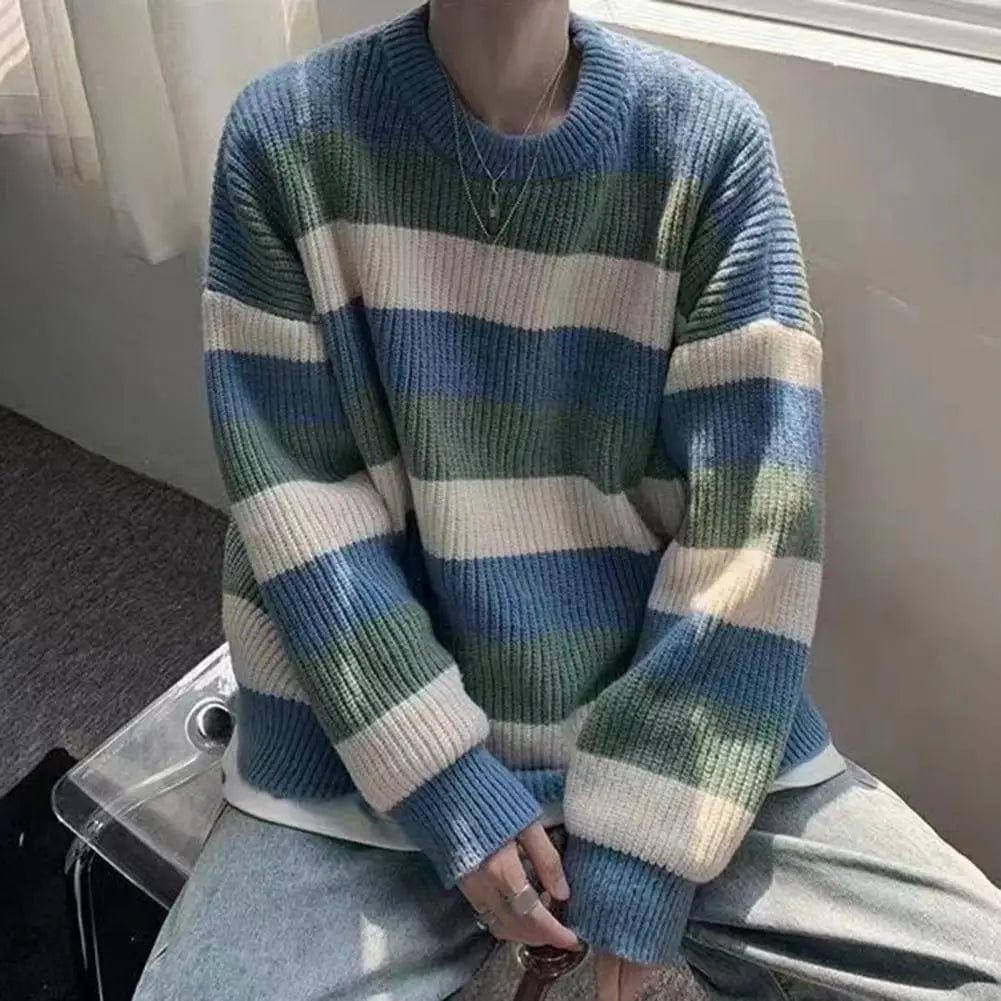 Men Striped Sweater Round Neck Sweater Men's Striped Colorblock Knitted Sweater Thick Warm O Neck Pullover for Fall Winter Soft