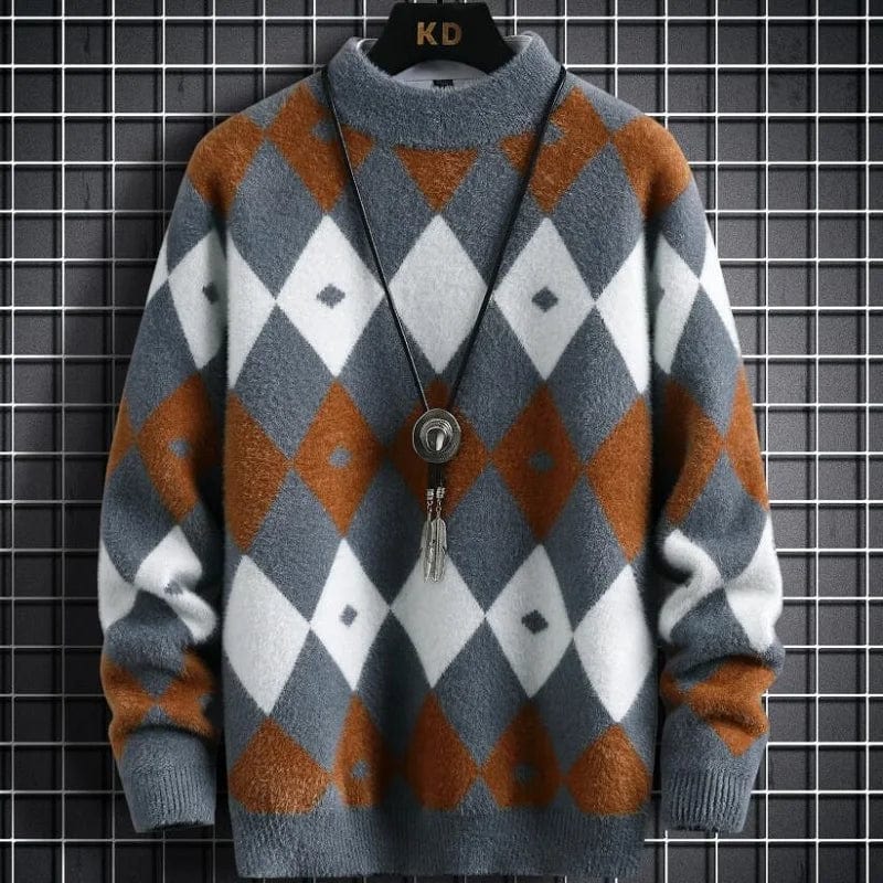 New Winter Korean Handsome Argyle Mens Sweaters High End Mink Cashmere Sweater Men Clothing Turtleneck Christmas Pullover