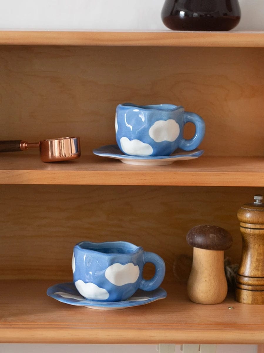 Hand Painted The Blue Sky and White Clouds Coffee Cup With Saucer Ceramic Handmade Tea Cup Saucer Set Cute Gift For Her
