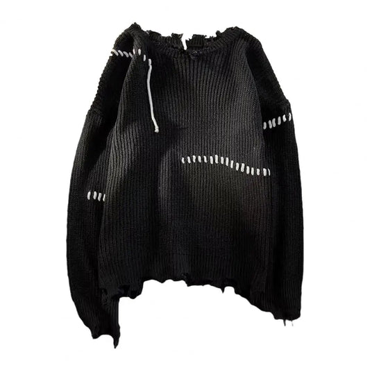 Round Neck Sweater Men's Fringe Tassel Sweater Warm Knitted Pullover with Ripped Detail Loose Fit for Fall Winter O Neck Sweater