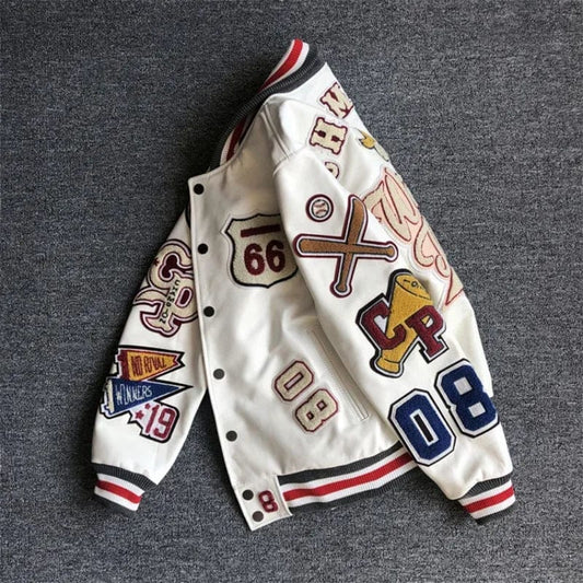 Men's spring and autumn baseball uniform Y2K retro trend leather jacket heavy industry embroidery white short coat ins hot sale