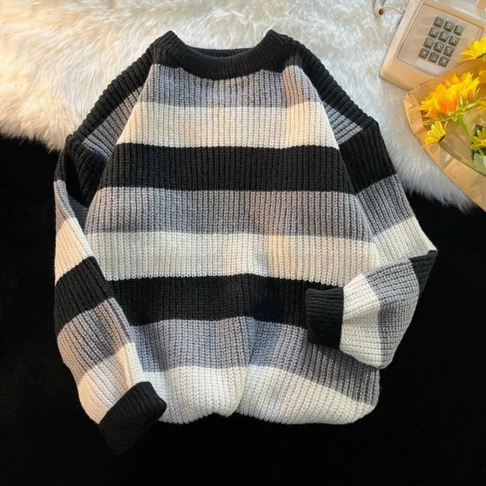 Fall Winter Men Sweater Striped Colorblock Knitted Thick Sweater Loose Warm O Neck Long Sleeve Soft Pullover Elastic Men Sweater