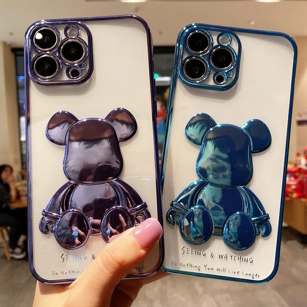 Cute Bear Plating Phone Case for iPhone 13 12 11 Pro Max X Xs Xr 8 7 Plus SE 2020 Transparent Silicone Lens Protection Cover