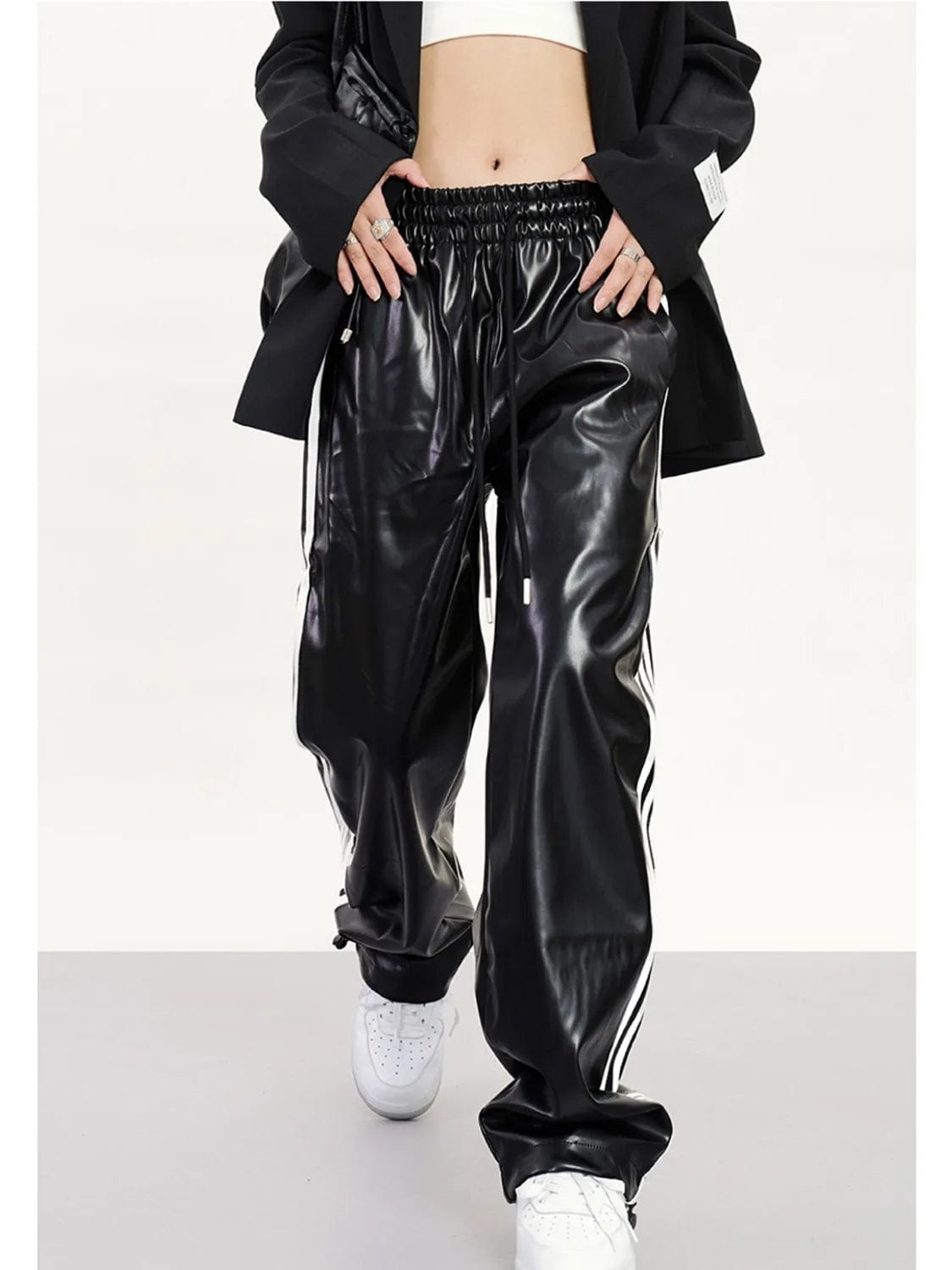 baggy pants Classic stripe high-grade leather pants personality hang loose casual straight pants for men and women