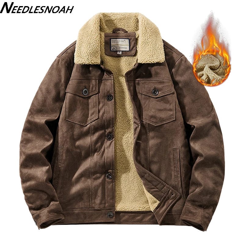 NEEDLESNOAH Autumn Winter Men Warm Pilot Jackets Fleece Suede Thick Coats Male Single Breasted Classic Parkas Fahion Windbreaker