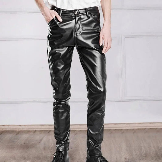 Men Faux Leather Pants Slim Fit Elastic Glossy Mid Waist Breathable Pockets Ankle Length Streetwear Hip Hop Club Pencil Pants