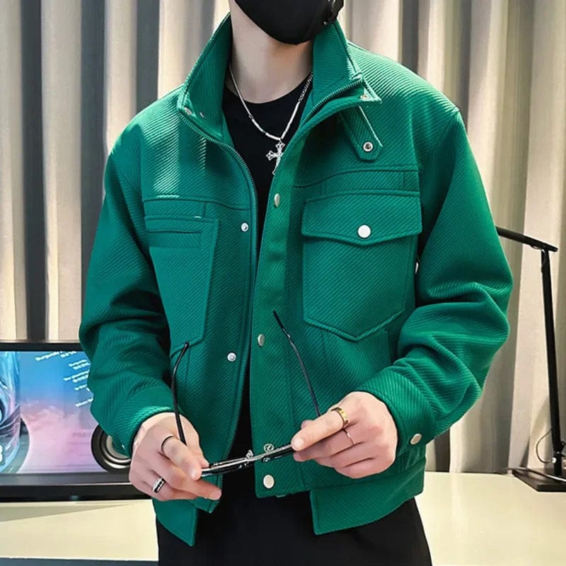 Solid Color Large Pocket Baseball Jacket Men Coat Lapel Jacket Male Club Outfit Green  Retro High Street Couple Bomber Jacket