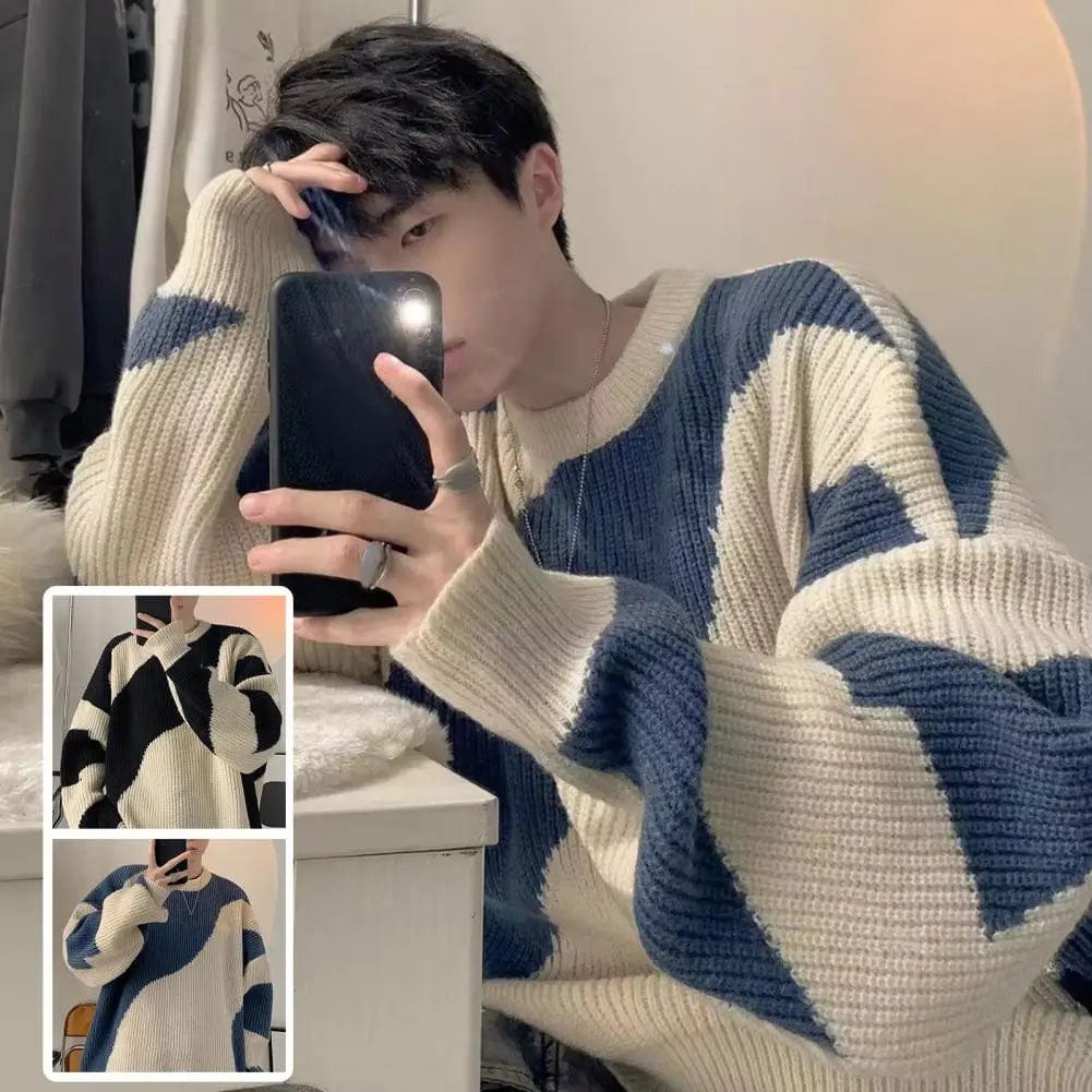 Fall Winter Men Sweater Color Matching Knitted Soft Loose Sweater Thick Vintage Cozy Elastic Men Pullover Sweater