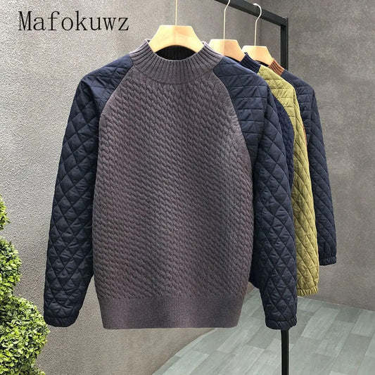Winter Personalized Splicing Half Turtleneck Sweater Fashion Loose Casual High Street Knitted Bottoming Pullovers Male Clothes