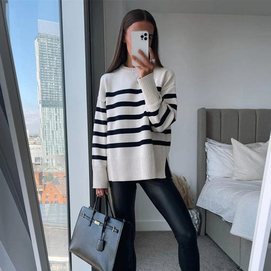 Casual Oversized Striped Pullovers Women Knitted Basic Autumn Winter Loose-Fitting Thick Jumpers Sweaters Female Clothing