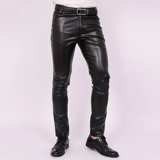 2023 Men's Slim Fit Skinny Pants Tight Stretch Leather Pants Teen Trend Motorcycle PU Leather Pants