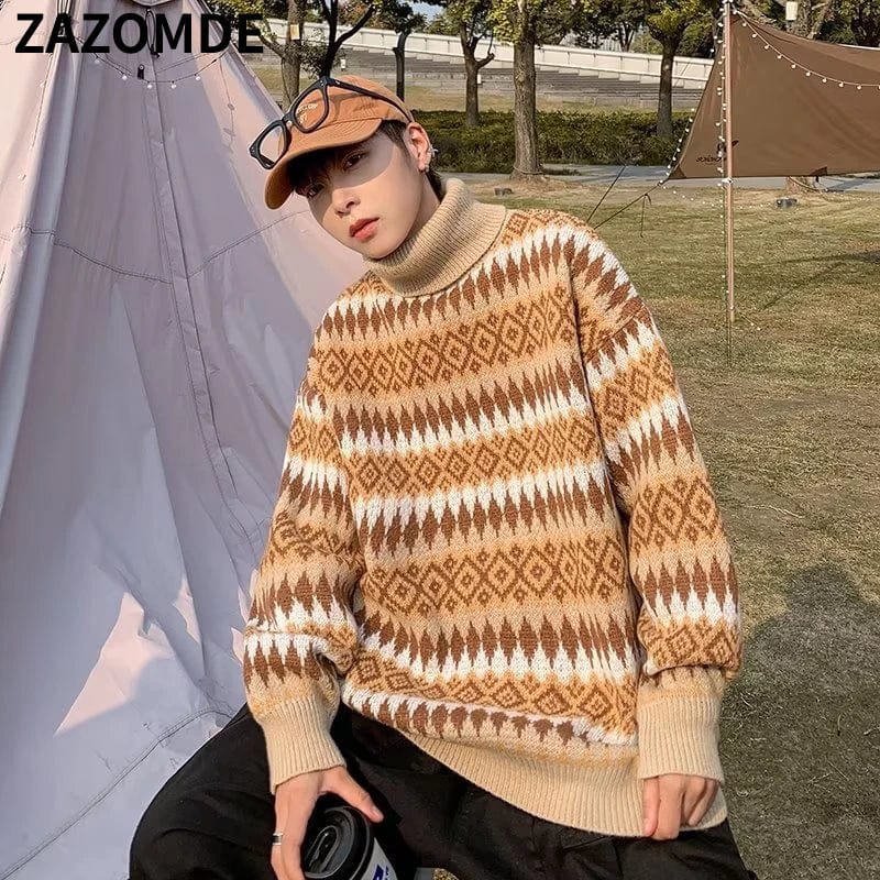 ZAZOMDE Winter Turtleneck Sweaters Men  Autumn Winter Tops Loose Man Chic Pullover Knitted Thick Stripe Sweater Warm Jumper Men