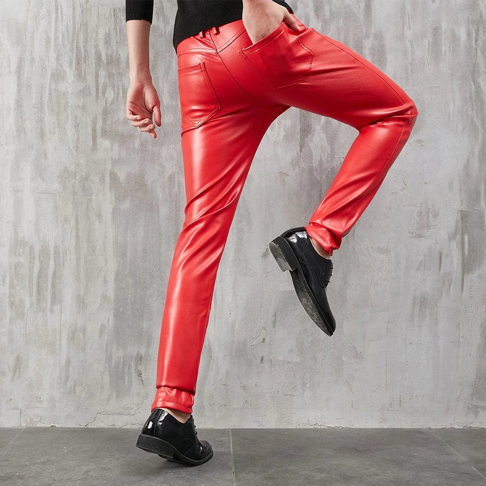 Men's Leather Pants Skinny Fit Stretch Fashion PU Leather Trousers Nightclub Party & Dance Pants Thin