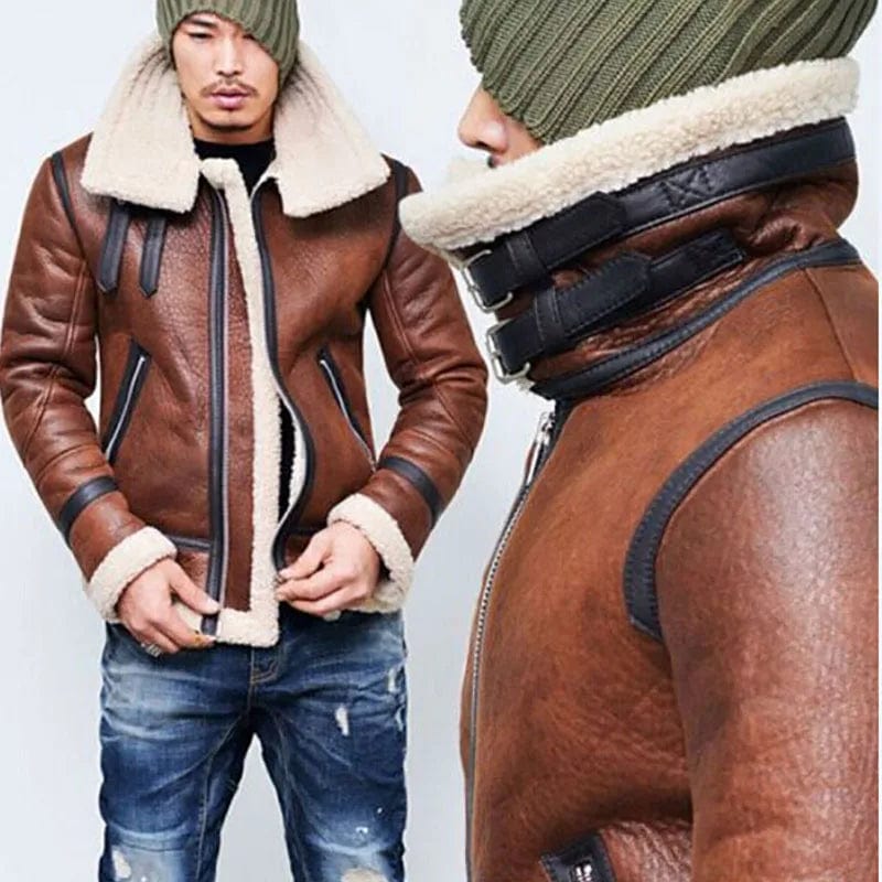 Fur Collar Leather Jacket Men Loose Comfortable Warm Fashion Thickened Stand Collar Fur Integrated Versatile Leather Jacket
